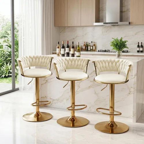 Vista 8 de Velvet Bar Stools Set of 1, Swivel Counter Height Barstools with Woven Backrest, Adjustable Height Bar Stools for Kitchen Island, Home Bar, Pub