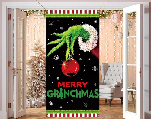 Vista 6 de Sunwer Cartel de Puerta de Feliz Navidad Cubierta de Navidad Decoración de Fiesta de Invierno de Navidad Letrero de Porche Delantero Cartel de Fondo