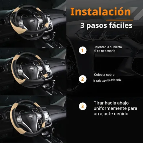 Vista 6 de Funda de cuero para volante de auto, protector antideslizante para volante de auto de cuero de microfibra transpirable, ajuste universal