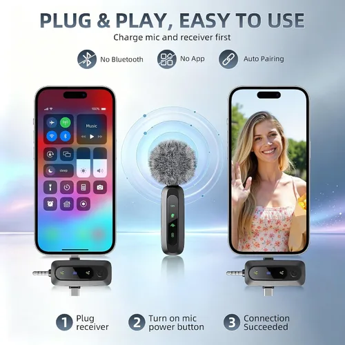 Vista 2 de Mini micrófono, 3 en 1 micrófonos de solapa inalámbricos para iPhone/iPad/Android/cámara (Lightning/USB/conector de 3.5 mm), 2 pantallas LED