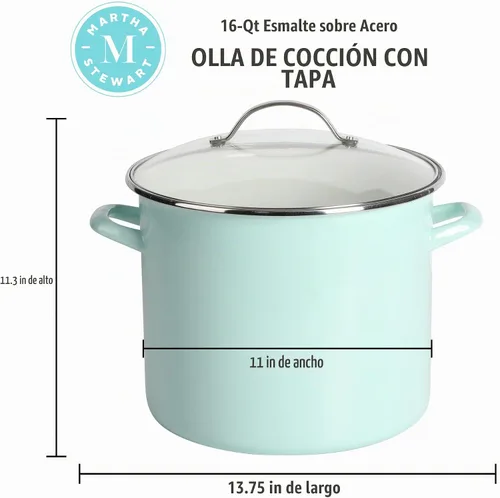 Vista 2 de Martha Stewart Thayer Olla de Caldo de 12 Cuartos de Galón Esmaltada sobre Acero Resistente a Rayones con Tapa – Azul Martha – Olla Duradera de Gran
