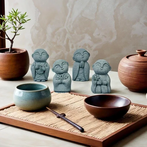 Vista 4 de livelyfish Mini estatua de monje japonés de Buda Feng Shui, estatuas de monje rezando, esculturas de piedra arenisca para pecera, acuario