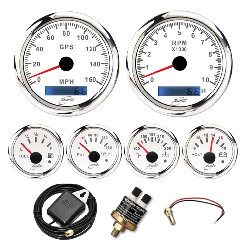 Vista 16 de RACETECH Juego de 6 instrumentos – Velocímetro GPS de 85mm (3-3/8") 120 MPH y Tacómetro 8000 RPM – 90° 52mm (2-1/16") Medidores de combustible, Negro
