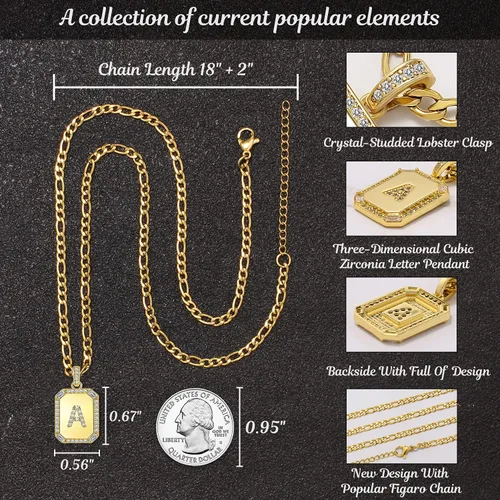 Vista 6 de Collares con inicial de oro para mujer, collar con letras para mujeres y niñas, collar rectangular con monograma de letras, chapado en oro de 18