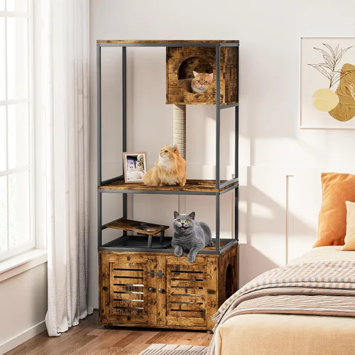 Vista 4 de Lamerge Árbol para gatos con caja de arena, caja de arena grande todo en 1, condominio para gatos con postes rascadores y cuenco de alimentación