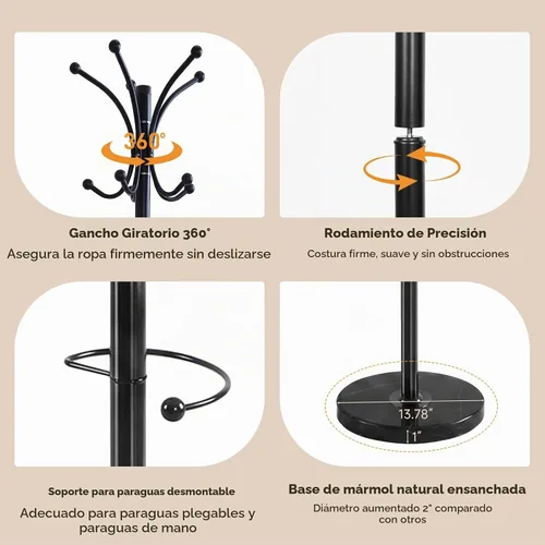Vista 4 de Perchero de metal independiente con base de mármol natural, perchero Roraty de 360° con 16 ganchos y soporte para paraguas, perchero negro
