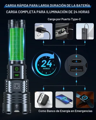 Vista 5 de Linternas superbrillantes de 99000 lúmenes altos, recargable, potente linterna LED de 6 modos, linternas tácticas con zoom, resistentes al desgaste