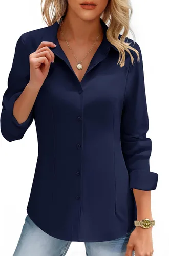 Vista 17 de HOTOUCH Camisas de mujer con botones de manga larga, camisa de vestir ajustada, blusas de trabajo, cuello, elegantes, casuales, de negocios