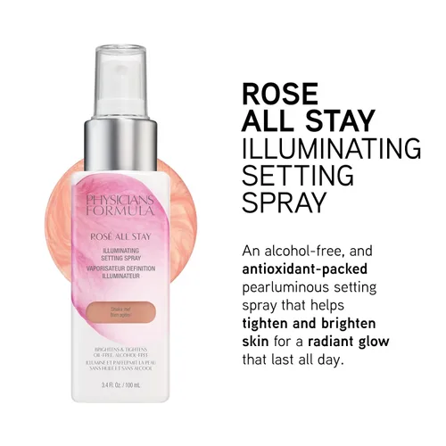 Vista 2 de Physicians Formula Rosé All Stay Illuminating Setting Spray para maquillaje, sin aceite, sin alcohol, antioxidantes Dermatológicamente probado