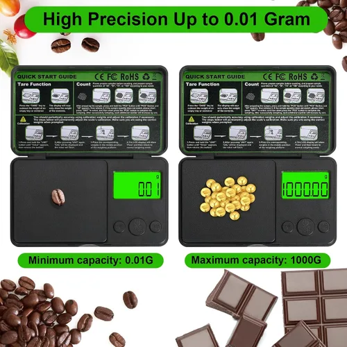 Vista 5 de Básculas digitales de bolsillo de 0.01/35.27 oz, básculas portátiles de precisión de gramos con 7 unidades y función de tara, básculas de cocina