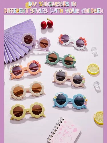Vista 5 de Dunzy 10 pares de lentes de sol redondos de flores para niños, gafas de bricolaje para exteriores, con 50 margaritas, 100 cuentas de letras al azar