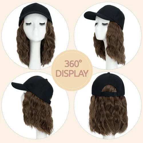 Vista 5 de S-noilite Peluca de gorra de béisbol con extensiones de cabello, 8 pulgadas, corta, rizada, ondulada, estilo Bob, peinado, ajustable, con cabello
