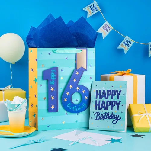 Vista 2 de Loveinside Bolsa de regalo azul de cumpleaños con papel de seda, etiqueta de regalo y tarjeta de felicitación para niños, adolescentes, fiestas