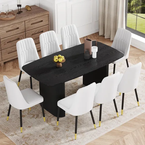 Vista 10 de Juego de mesa de comedor moderno para 4, juego de mesa de comedor negro de 67 pulgadas con mesa ovalada de madera de 3.5 pulgadas de grosor y base