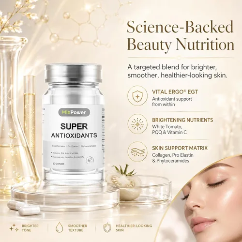 Vista 8 de MixPower L-Ergotioneina (50 mg) - Cápsulas iluminadoras y antioxidantes de la piel con tomate blanco, colágeno y ceramida para hidratación