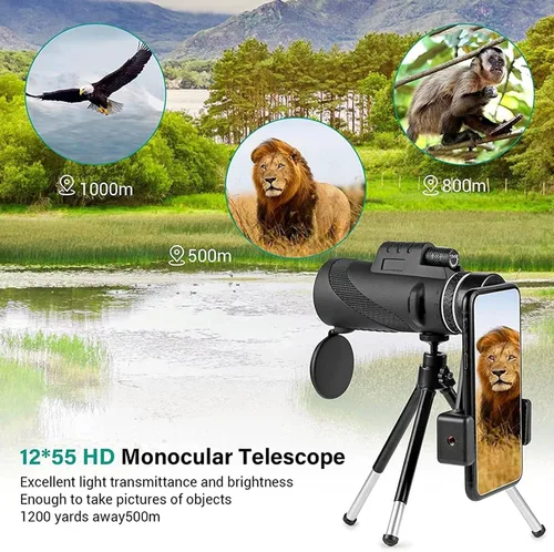 Vista 5 de Monocular Telescope, 12x50 HD monocular BAK4 Zoom Binoculars with Smartphone Holder and Tripod, Waterproof monocular Telescope for Bird Watching