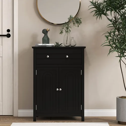 Vista 5 de Giantex Armario de almacenamiento de baño con cajón, armario de piso con puertas, estante ajustable, organizador de almacenamiento para entrada