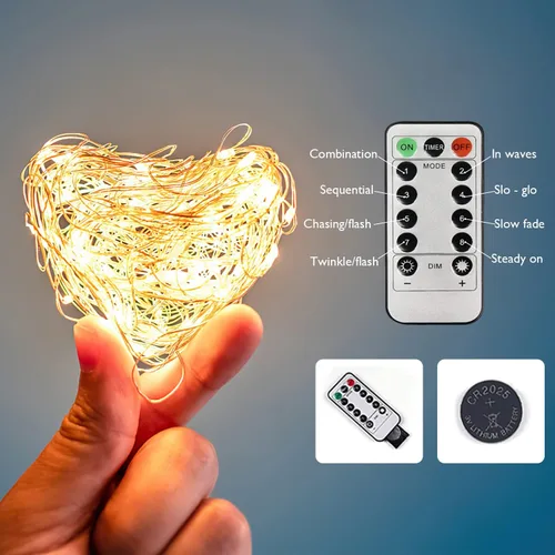 Vista 6 de Homemory Paquete de 2 guirnaldas de 100 luces LED de 33 pies, funciona con pilas, con control remoto, impermeable, 8 modos de luciérnaga, luces