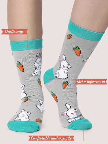Vista 2 de Jenaai 6 pares de calcetines de Pascua para adultos, calcetines estampados novedosos con diseño de conejo, zanahoria, huevo, pollito para regalo