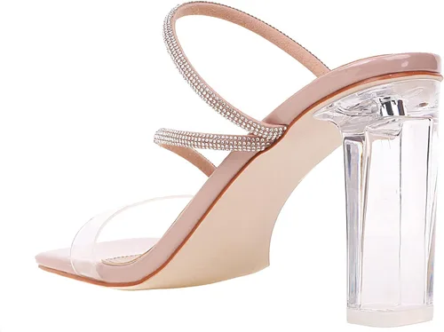 Vista 5 de vivianly Sandalias de tacón con tiras transparentes con diamantes de imitación para mujer, con puntera cuadrada, tacones altos, deslizantes, vestido