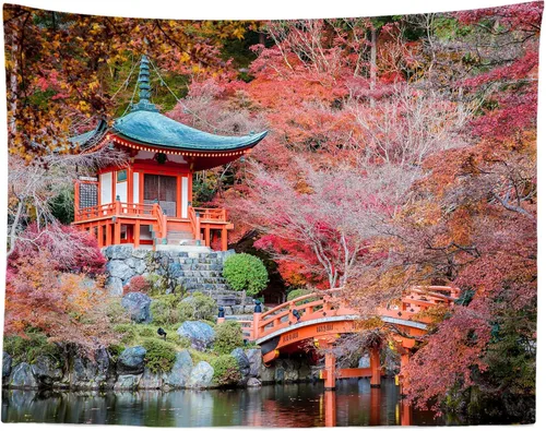 Vista 5 de BELECO Telón de fondo japonés, 5 x 3 pies, templo japonés Daigo-ji, ciudad de Kioto, otoño, arces rojos, paisaje, río, puente de jardín, telón