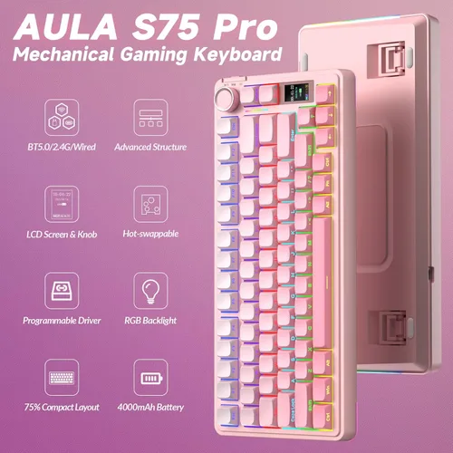 Vista 2 de AULA Teclado mecánico inalámbrico S75 PRO con pantalla y perilla, teclado para juegos intercambiable en caliente de tres modos 75%, interruptores