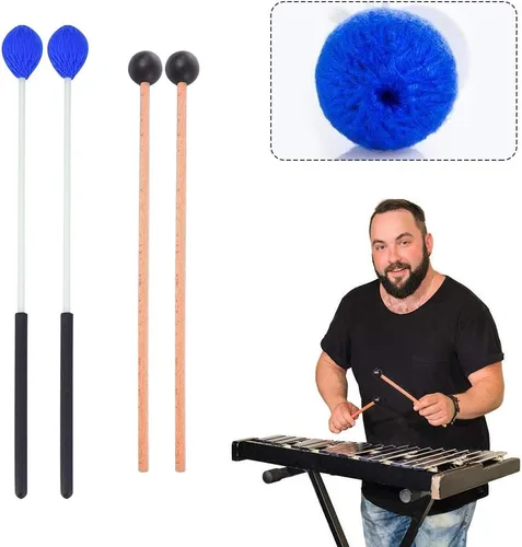 Vista 5 de Mallets de tambor, 2 pares de mazos de marimba de goma e hilo, instrumentos de percusión, accesorios para tambor de acero, bajo, platillos