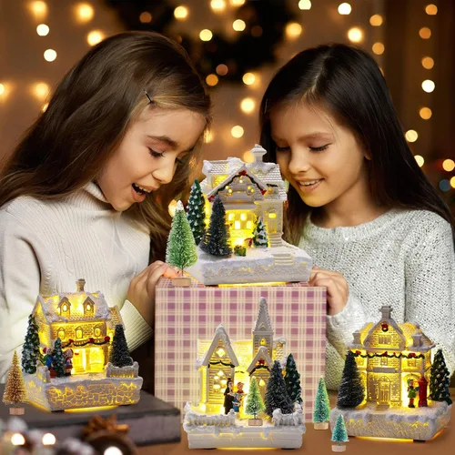 Vista 7 de Tuanse Juego de 15 piezas de accesorios de pueblo de Navidad, 4 casas de pueblo iluminadas con LED, 10 árboles esmerilados de 3.5 onzas, nieve falsa