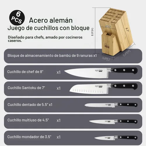 Vista 2 de Cooks Standard Juego de cuchillos de acero inoxidable de 6 piezas con bloque de bambú expandible para ranuras adicionales