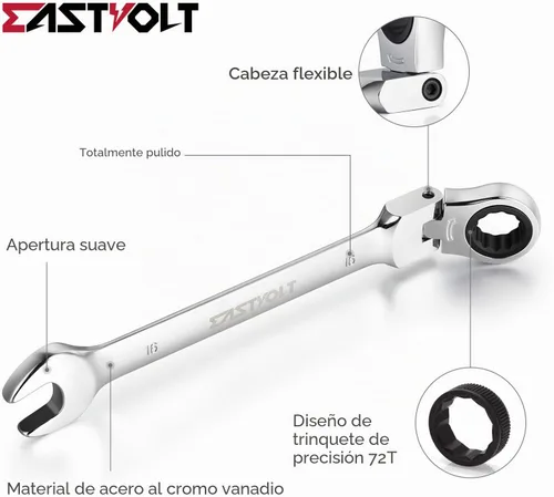 Vista 2 de Eastvolt EVHT1201 - Juego de 12 piezas de llaves de trinquete de cabeza flexible, 8-19 mm métricas, kits de llaves de combinación de acero al cromo