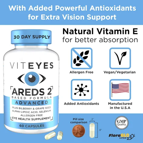 Vista 5 de Viteyes AREDS 2 Soporte macular avanzado con arándano, semilla de uva, luteína FLORAGLO, selenio, vitamina E natural, libre de alérgenos, vitaminas