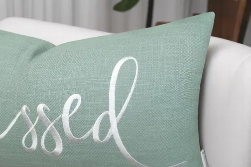 Vista 3 de EURASIA DECOR Blessed - Funda de almohada lumbar de 12 x 20 pulgadas, algodón verde azulado claro bordado, regalo inspirador de fe cristiana