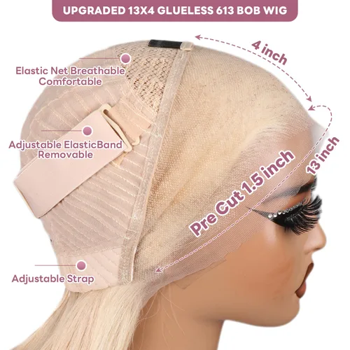 Vista 5 de Peluca de cabello humano rubio estilo Bob de 13 x 4 con encaje frontal, peluca Bob de 10 pulgadas 613 Lace Front Wig Human Hair Pre Plucked With