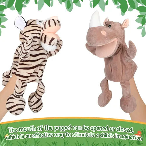 Vista 3 de Wettarn 10 piezas de marionetas de animales de mano de 12 pulgadas de felpa suave, diseño de león, orangután, jirafa, tigre, cerdo, elefante