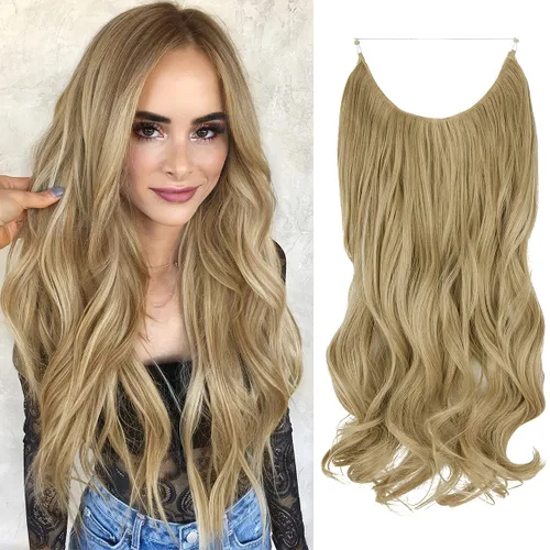Vista 14 de Extensión de cabello rubio ceniza, rizado, largo, sintético, postizo de cabello rubio, 18 pulgadas, 4.2 oz, con diadema de alambre invisible