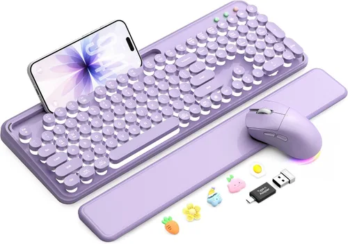 Vista 10 de Combo de teclado y mouse inalámbricos: teclado retroiluminado con reposamuñecas magnético y soporte para teléfono, teclas redondas iluminadas, juego