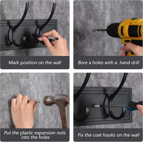 Vista 6 de HOME MASTER HARDWARE Perchero de pared negro, ganchos de pared de MDF para colgar abrigos, estante decorativo para sombreros de 27" para pared con 5