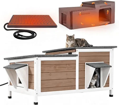 Vista 18 de GUTINNEEN Casa grande para gatos con calefacción para exteriores con forro aislante, refugio para gatos resistente a la intemperie con almohadilla