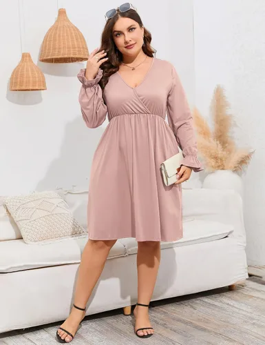 Vista 9 de ShopWonder Vestido de talla grande para mujer, con cuello en V, acampanado, largo hasta la rodilla, vestido de fiesta, minivestido de fiesta