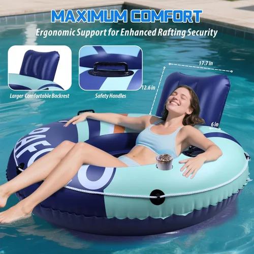 Vista 3 de Flotador inflable de tubo de río, flotador de piscina para adultos, tubos de río para flotar resistente con parte inferior de malla, respaldo cómodo