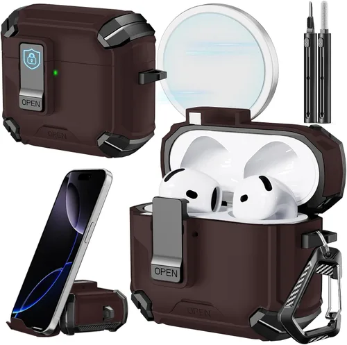 Vista 45 de Inesore Funda para AirPods Pro 1ª/2ª con bloqueo seguro (verde oscuro) Cubierta magnética de bloqueo automático con soporte para teléfono y kit