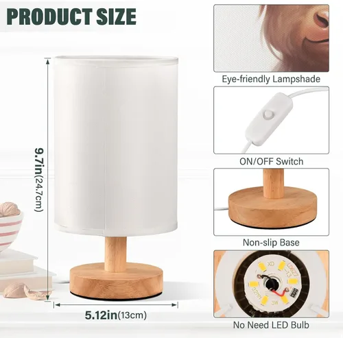 Vista 3 de Bedside Table Lamp Cute Highland Cow Animal Nightstand Lamp with Wood Desk Lamps for Bedroom Living Room Nursery Office Home Decor