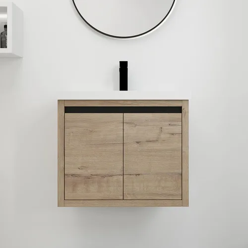 Vista 11 de Juego de tocador de baño de 24 pulgadas con lavabo de gel montado en la pared, diseño moderno, gabinete de montaje de flotador, tocador de baño