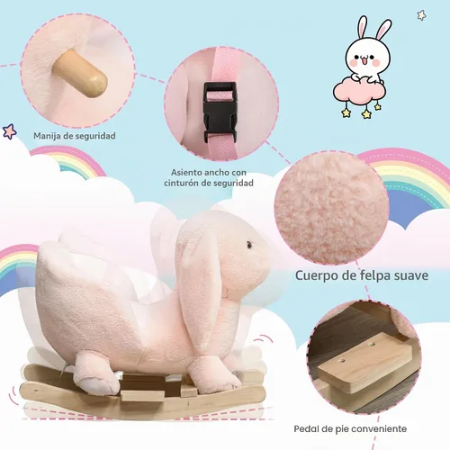 Vista 4 de Qaba Caballo mecedor para bebé, conejo de peluche con sonido simulado, base de madera, cinturón de seguridad, mecedora de relleno para niños de 18 a
