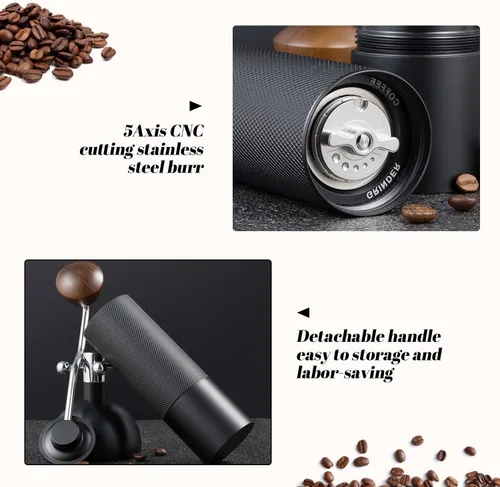 Vista 5 de Molinillo de café manual con capacidad de 0.88 oz, rebabas de acero inoxidable, mango de madera, molinillo de café para rebabas para el hogar, Negro
