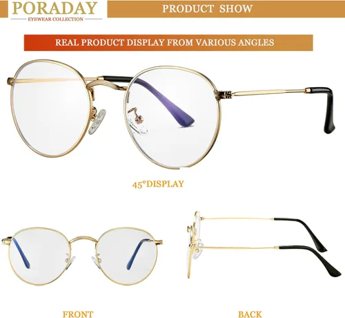 Vista 6 de PORADAY Lentes de bloqueo de luz azul para mujeres y hombres, marco de lentes de metal redondo retro 100% anti-luz azul
