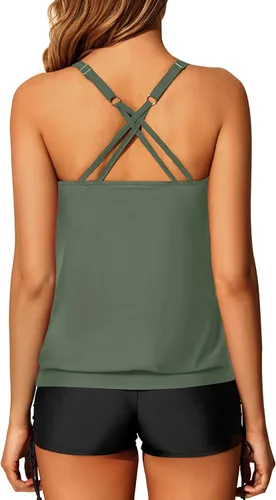 Vista 2 de Yonique Traje de baño tankini de dos piezas con tirantes delgados para mujer con pantalones cortos cruzados