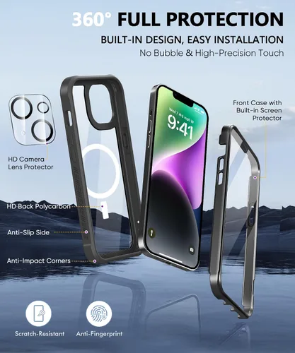 Vista 6 de Compatible con iPhone 14 Plus Funda, Protector de Pantalla Integrado, con Protector de Lente de Cámara, [Compatible con MagSafe] Funda de Cuerpo