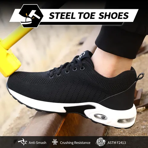 Vista 2 de GLANOUDUN Zapatos de punta de acero para hombre, zapatos de trabajo negros, zapatos de seguridad ligeros para hombres, zapatos de seguridad