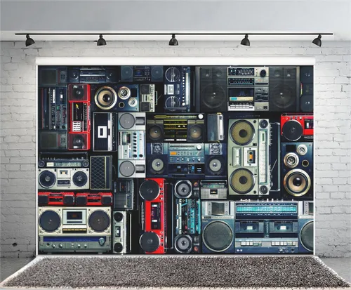 Vista 3 de AOFOTO Fondo de pared vintage de 5 x 3 pies de estilo retro de los años 80, amplificador nostálgico antiguo de música, audio antiguo, altavoz bajo